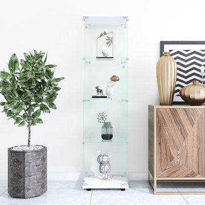 Vitrine blanche en verre - Bibliothèque à 4 tablettes au sol pour le bureau de la chambre à coucher H 64,7 "x L 16,7" l 14,3 "photos, livres, figurines, bouteilles de vin avec 4 tablettes