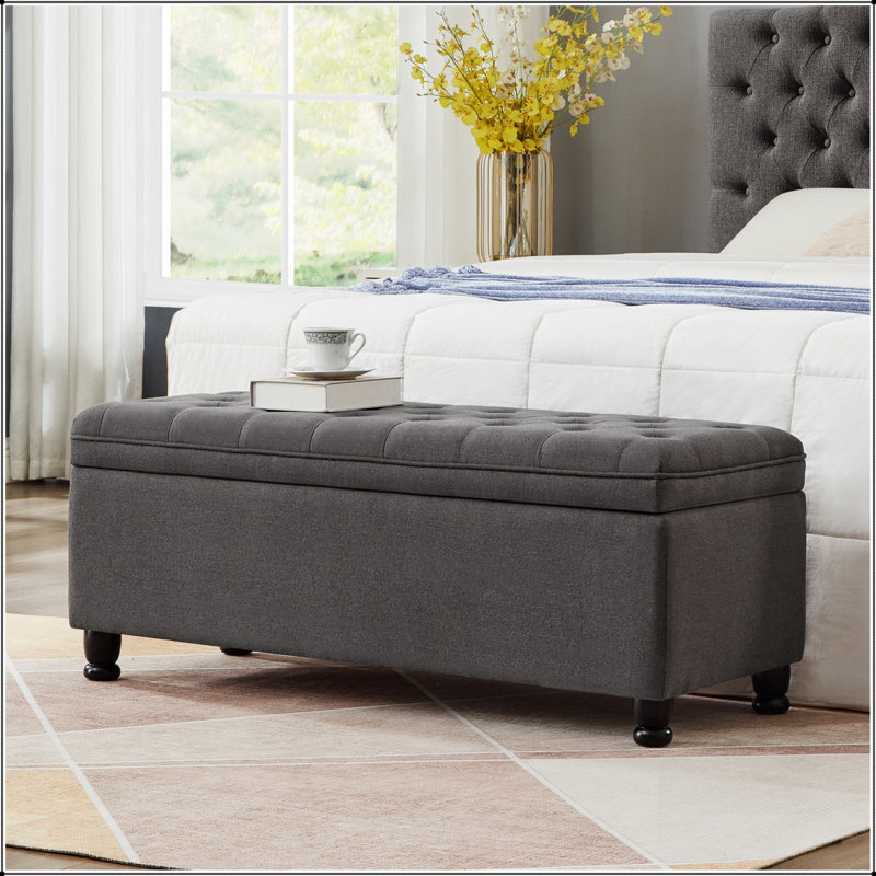 Banc de rangement rembourré capitonné à boutons, banc d'entrée en tissu de lin avec pieds en bois à broche, banc de lit
