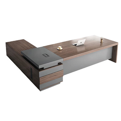 Modern Light Luxury Brown & Grey Color Block Executive Desk with Storage Drawer Side Cabinet for CEO & Manager Office