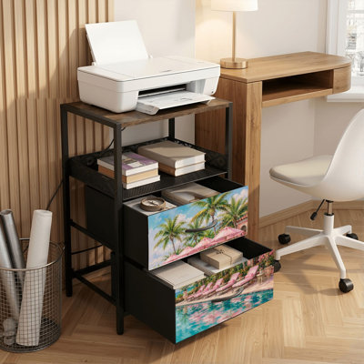 Table de chevet 2 tiroirs avec station de charge, table de chevet pour chambre avec ports USB et amp; Outlets, tablette ouverte noire, table de chevet avec parapluies roses tropicaux, impression de palmiers