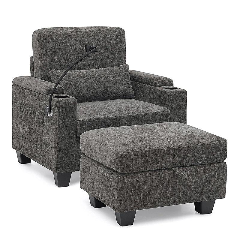 Single sofa recliner with manually adjustable backrest, USB charging port on the armrest side, phone stand included, hidden armrest storage, and a matching storage ottoman-Gray