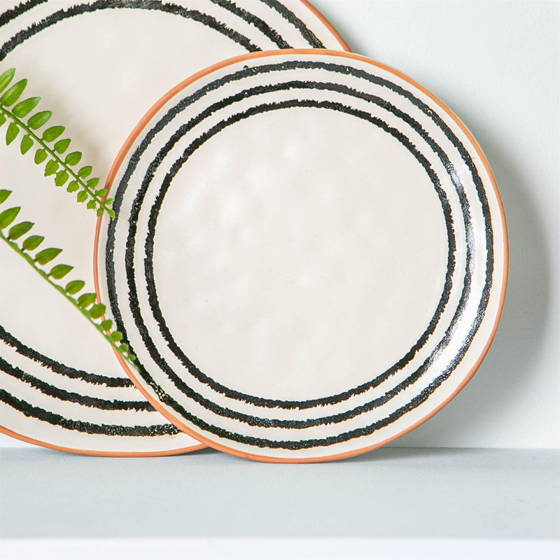 Nicola Spring - Stripe Rim Stoneware Side Plates - 20.5cm - Monochrome