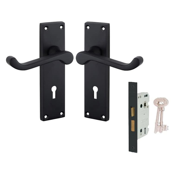 Golden Grace Victorian Scroll Lever Lock Door Handles in Matt Black Finish with Black 3 Lever Lock & Keys - 150mm x 40mm