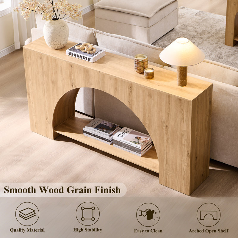 63" Arched Wood Console Table with Arched Base, 2-Tier Modern Entryway Table, Long Wood Sofa Table, Natural