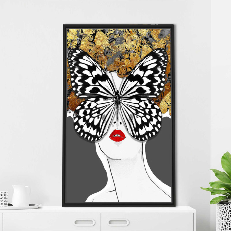 Visage de papillon en gris (vertical) par By Jodi - impression, Cadre flottant noir, H 63,5 po x l 39,5 po x P 2 po