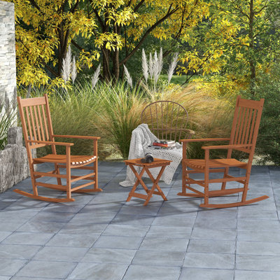 Outdoor Rocking Chair Set Of 2 With Side Table, Patio Wooden Rocking Chair With Smooth Armrests