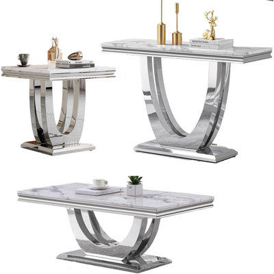 3 Pieces Coffee Table Set, White Gold Faux Marble Coffee Table with 1 Square End Side Table & 1 Console Table, Modern Living Room Table Set with Double U-Shape Stainless Steel Frame for Apartment Home Office