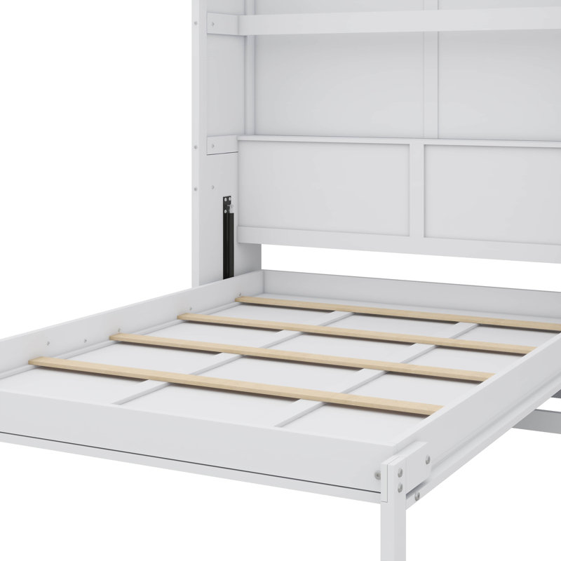 Lit escamotable double pleine grandeur avec tablettes de rangement intégrées, Lit double, Blanc
