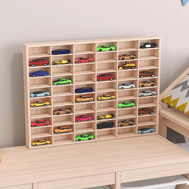 1/64 Wooden Display Storage Cabinet,60 Grids for Hot Wheels Diecast Car Matchbox, Wall-Mounted Display Case for Playroom, Bedroom