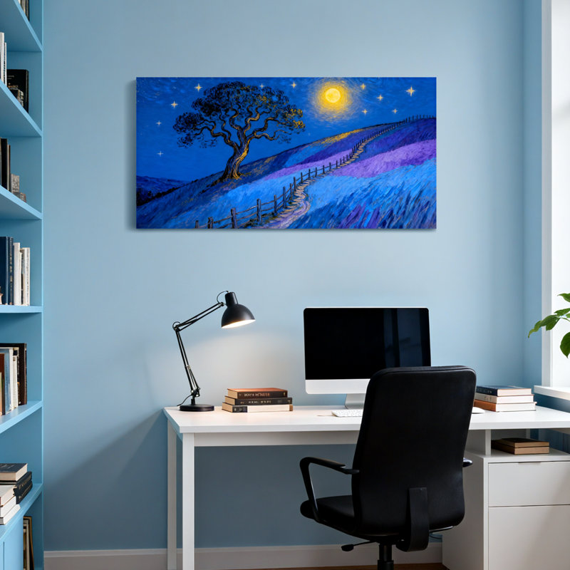 Paysage et nature au clair de lune à travers un arbre étoilé, H 20 po x l 40 po