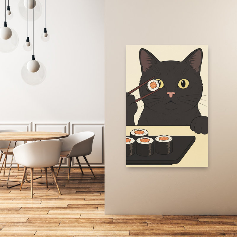 Drôle de chat à sushi, art mural contemporain, 48" H x 32" W