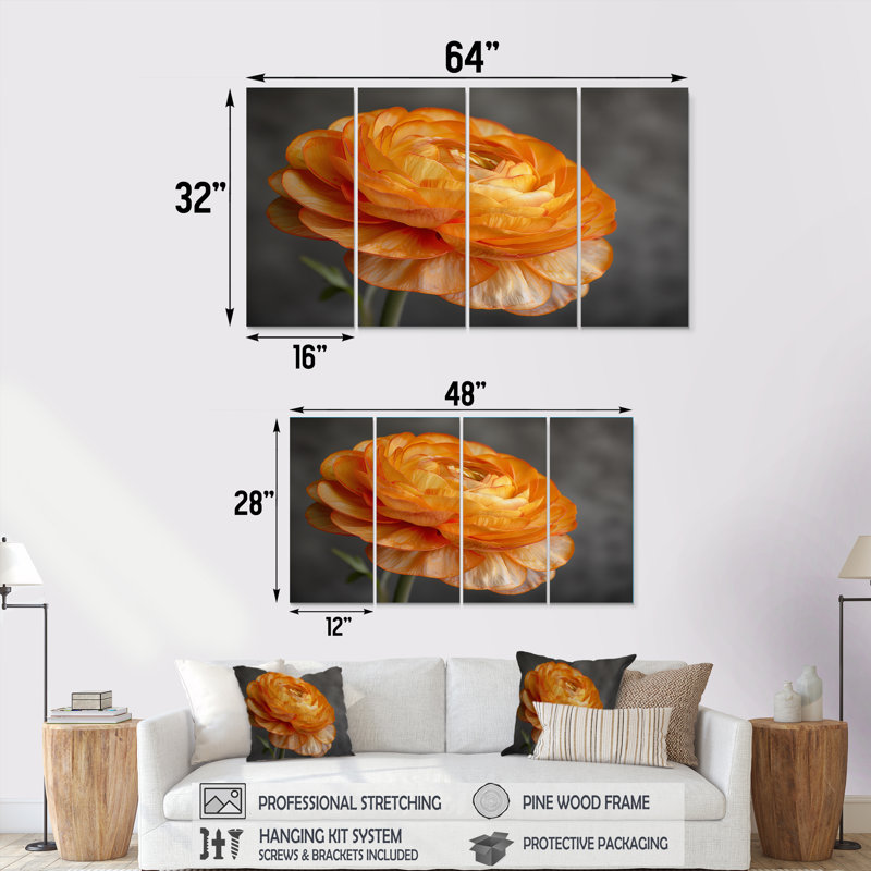 Ensemble de décorations murales orange et noir Ranunculus Bloom I - Ranunculus, H 32 po x l 64 po