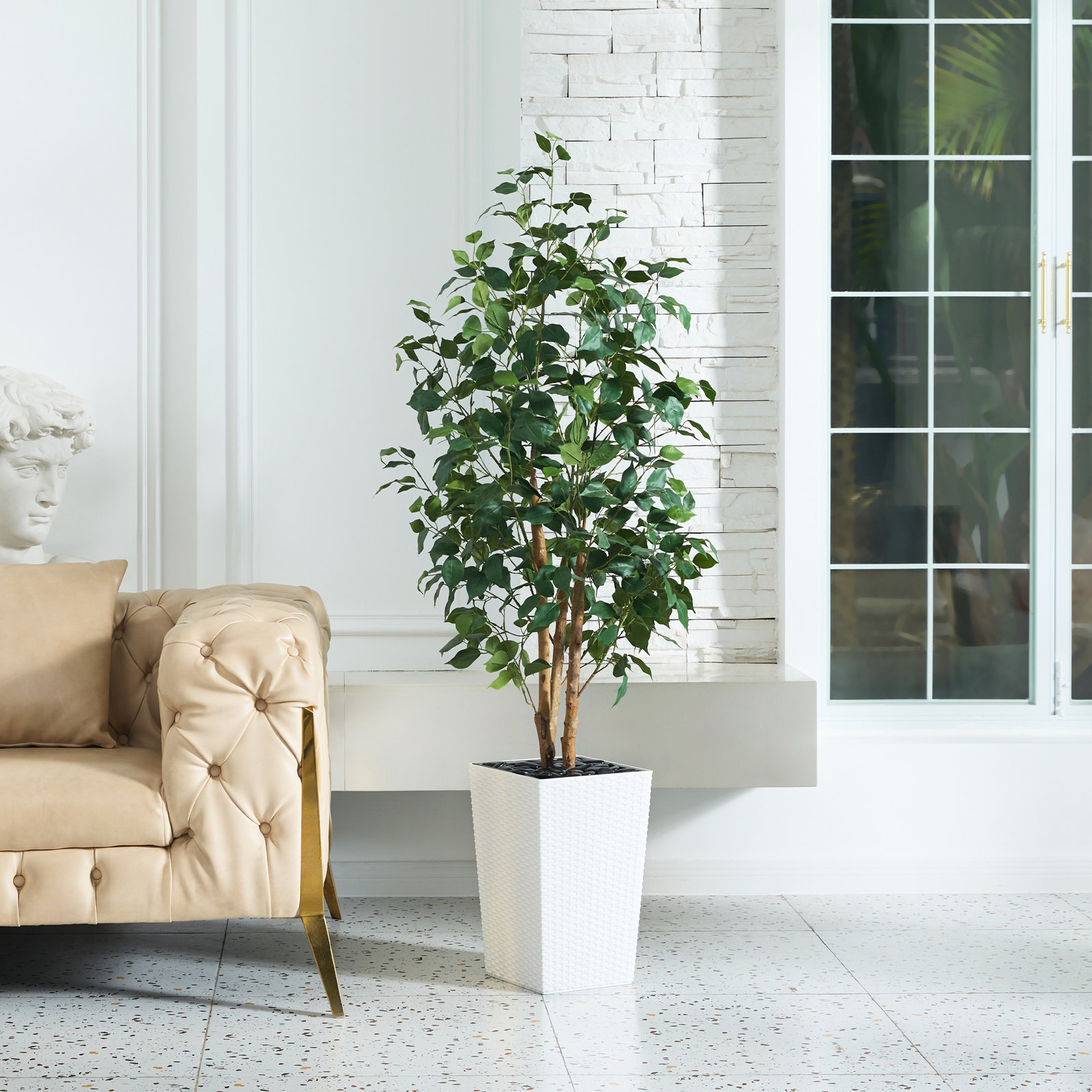 Almont UV Protected Artificial Ficus Tree with Decorative Base, Faux Ficus Plant with Natural Trunk, 60" H x 20" W x 20" D