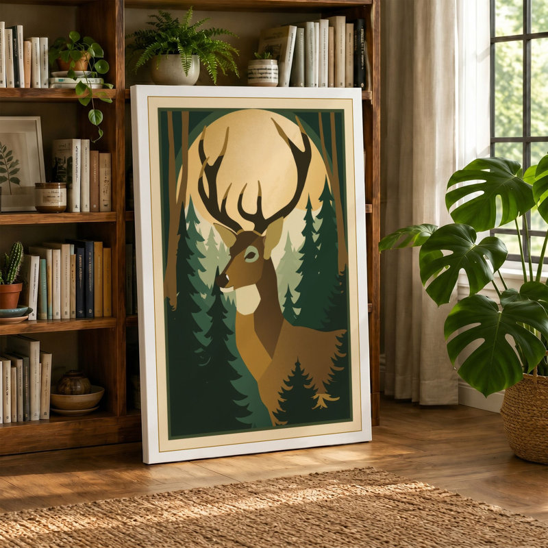 Forest Deer Scandinavian - Wrapped Canvas, 36x24 - 91.4 x 61.0 cm, Teal Border