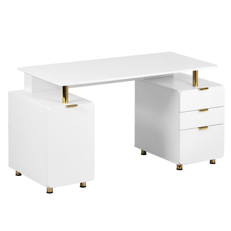 Elegant Executive Desk with Gold Accents, 3 Drawers, and Cabinet with Adjustable Shelf and Ventilation, Modern Office Desk with Storage & Floating Work Surface,  & Gold