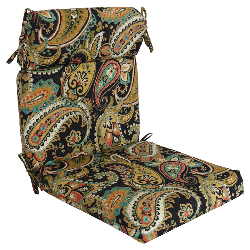 Outdoor Seat/Back Chair Cushion, Black/Yellow/Hadia Franco Noir Paisley, 20" W x 20" D