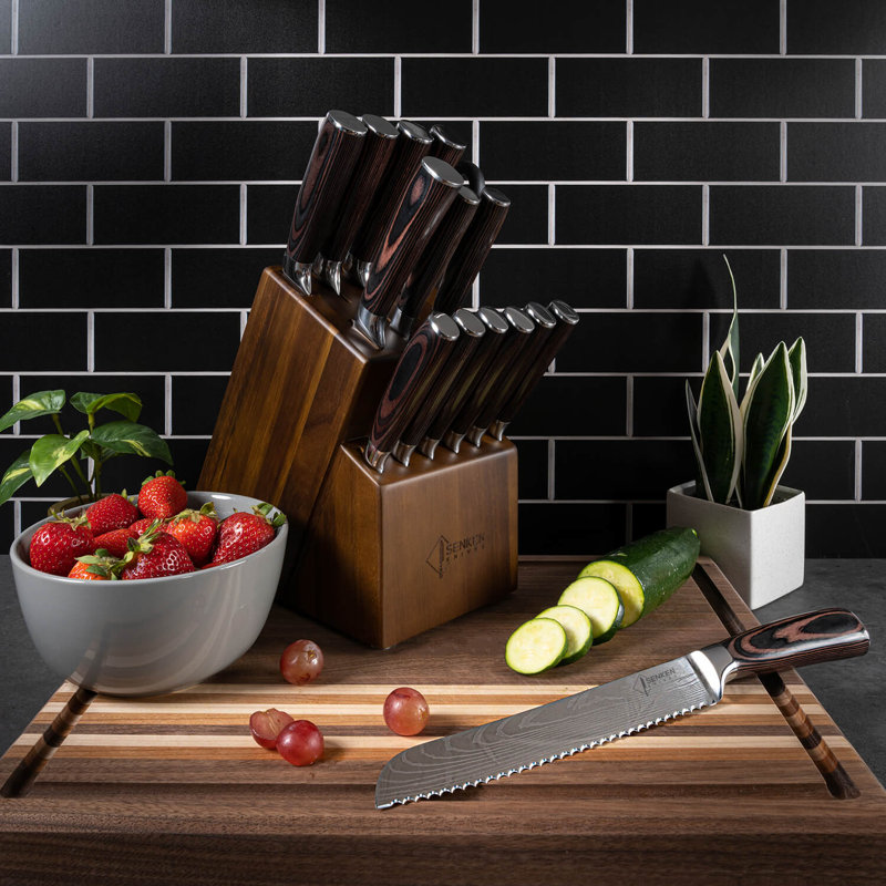 Senken Knives Senken Knives 16-Piece Imperial Collection Natural Acacia Wood Knife Block Set - Damascus Pattern Chef Knife Set, Steak Knives, Kitchen Shears - Pakka Wood Handles