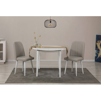 Modern Extendable Dining Table & Chairs Set (3 Pieces), White & Cream, 39.4 x 29.5 x 39.4 inches (Open: 51.6 inches) | 100% Melamine Coated Particle Board, Wooden Legs | Scandinavian Design for Stylish Dining Spaces
