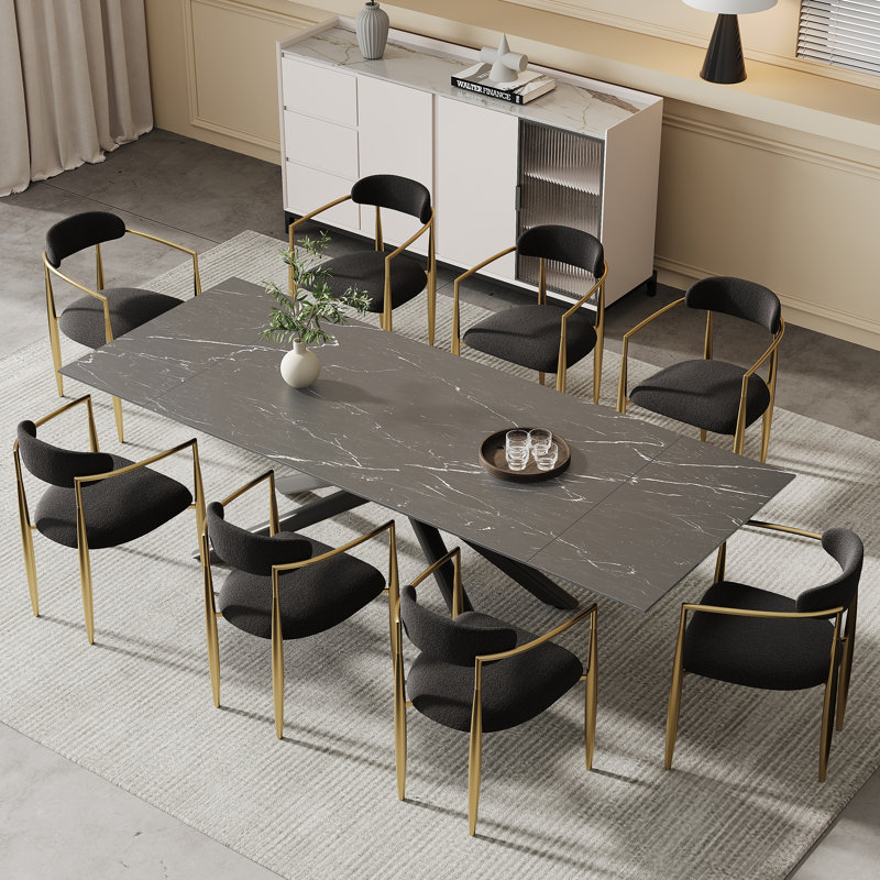 Ensemble de salle à manger rectangulaire avec chaises en tissu 70,8 "à 102,3" Louina, Noir, Noir / or, 9