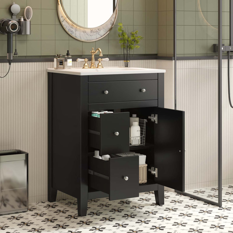 Meuble-lavabo moderne de 24 pouces avec lavabo en céramique, conception compacte avec tiroirs à fermeture en douceur et tablette réglable