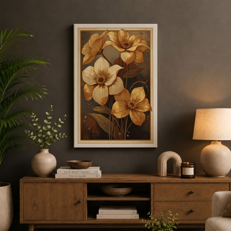 Golden Cosmos Blooms Botanical - Wrapped Canvas, 30x20 - 76.2 x 50.8 cm, Terracotta Border