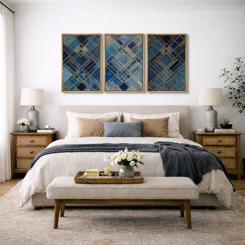 Art géométrique bleu et doré, images de salon, impression sur toile encadrée, 3 pièces, H 24 po x l 48 po x P 1,5 po
