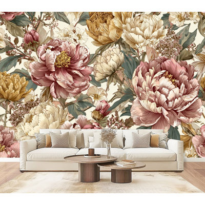 Papier peint auto-adhésif, pivoines, roses sauvages, crème, H 69 po x l 96 po, papier peint adhésif mural pour chambre à coucher, salon, bureau à domicile