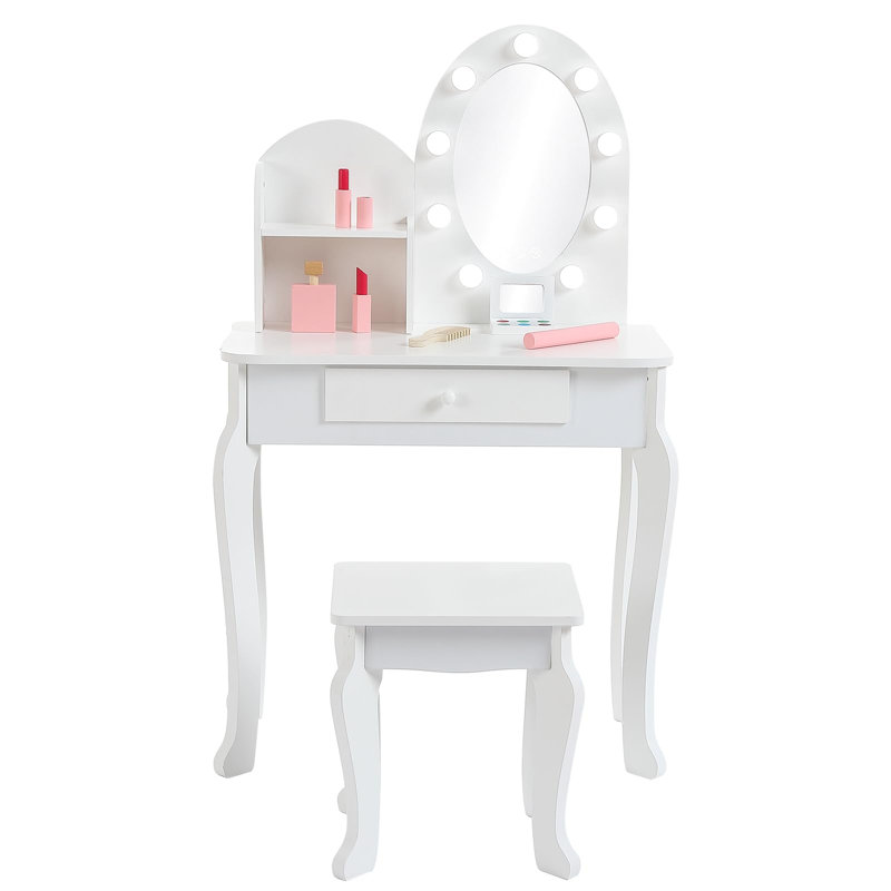 Kids Vanity Set with Touch Lighted Mirror, White Girls Wooden Makeup Vanity Table and Chair Set with Storage Drawer & Shelf, Pretend Play Vanitys Table for 3-8 Years Old