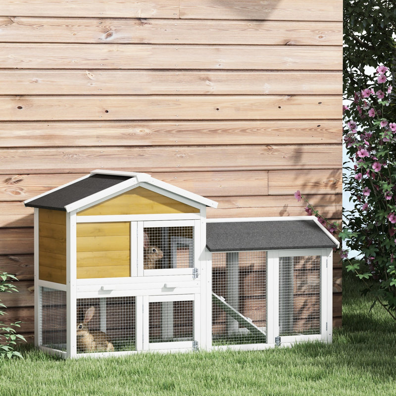 Cage en bois de 58 po avec aire de roulement, toit en asphalte sécuritaire, plateau amovible pour un entretien facile, portes verrouillables et lapins de sécurité pour animaux de compagnie à rampe sécuritaire, désinfection simple et fiable
