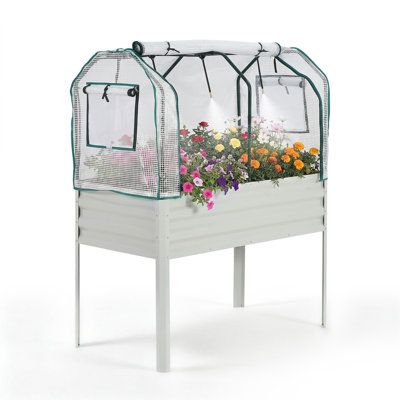 Jardinière surélevée en métal galvanisé avec pieds, bâche de serre en maille PE crème, système d'irrigation intégré à 3 buses, protection contre les oiseaux, pour légumes, fleurs et herbes aromatiques, 122 x 61 x 140 cm