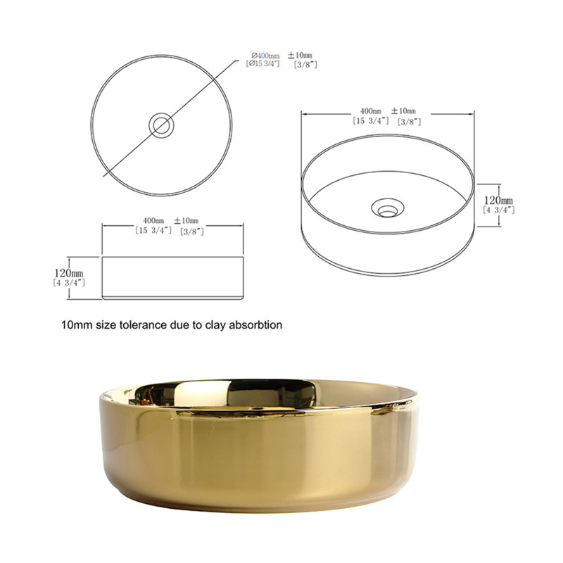 TONWIN 15.75'' Ceramic Circular Bathroom Sink, Gold