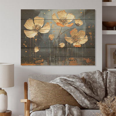 «Buttercups Burst» avec des tons chauds et invitants I - Art mural en bois Buttercups sur bois de pin naturel