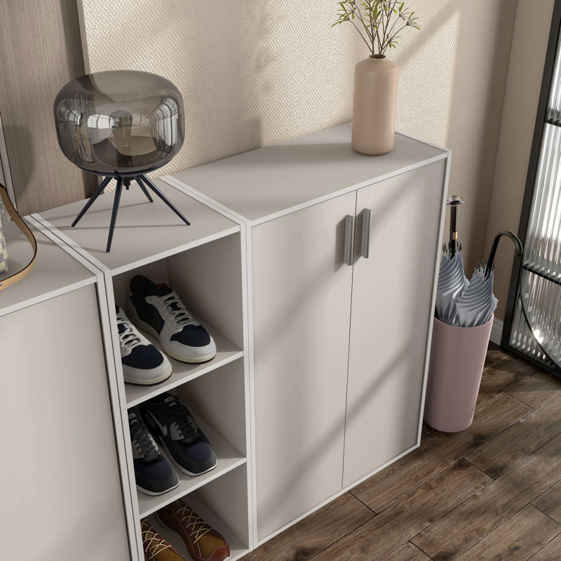 Bibliothèque de rangement à 3 niveaux en bois 35,5 "avec portes, Grège