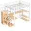 Lit mezzanine blanc avec rangement intégré, escalier et garde-robe de bureau intégré en métal