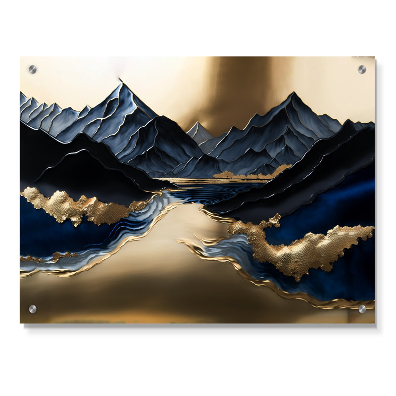 Golden Mountains And River - Art mural en acrylique pour montagnes, H 12 po x l 20 po
