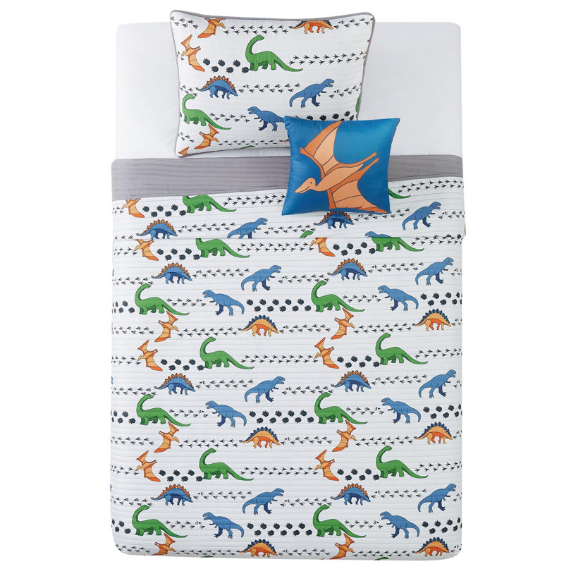 Ensemble de courtepointe My World Dino Tracks - Literie dinosaure pour enfants - Comprend un coussin décoratif et des taies décoratives