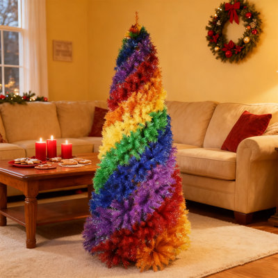 Arbre de Noël spirale arc-en-ciel de 6 pi, arbre de Noël artificiel coloré en PVC avec un design en spirale unique, support en métal robuste pour la décoration de Noël intérieure
