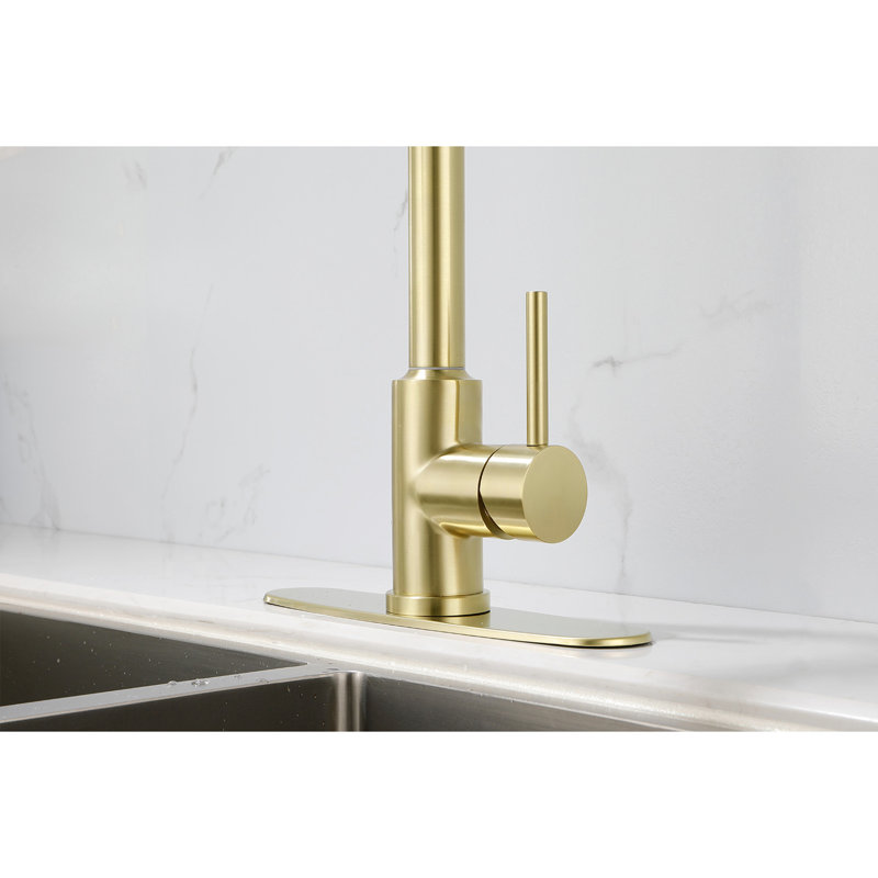 Robinet de cuisine escamotable en acier brossé doré, acier inoxydable, buse haute rotative à 360 °, modes jet et jet, poignée simple pour contrôler le débit de la température de l'eau, corrosion, profondeur de 16 po, largeur de 10 po, hauteur de 9 po,