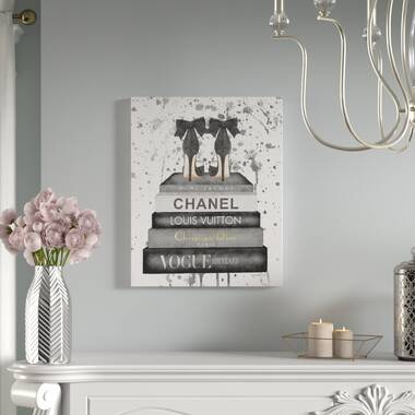 Glam Fashion Book Stack Grey Bow Pump Heels Ink' Graphic Art Print House of Hampton Format: Wrapped Canvas, Size: 20 H x 16 W