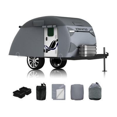 Teardrop Camper Cover,Fits Trailers,7 Layers Top Heavy Duty Camper Cover with Windproof Strap, Fits 12-15ft