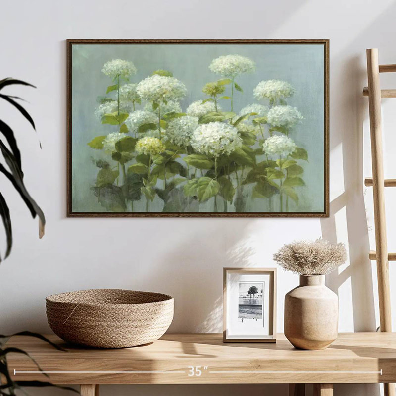 Jardin d'hortensias blanc, 25 po x 17 po, Cadre flottant noyer
