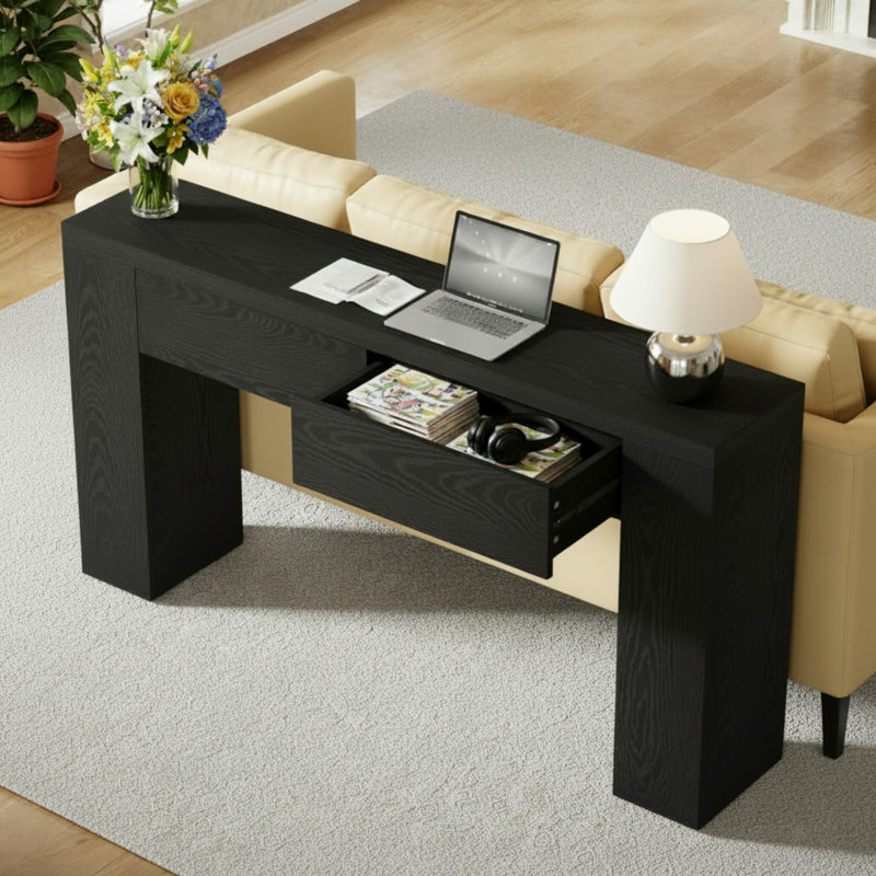 Console 63 po avec tiroirs, Noir