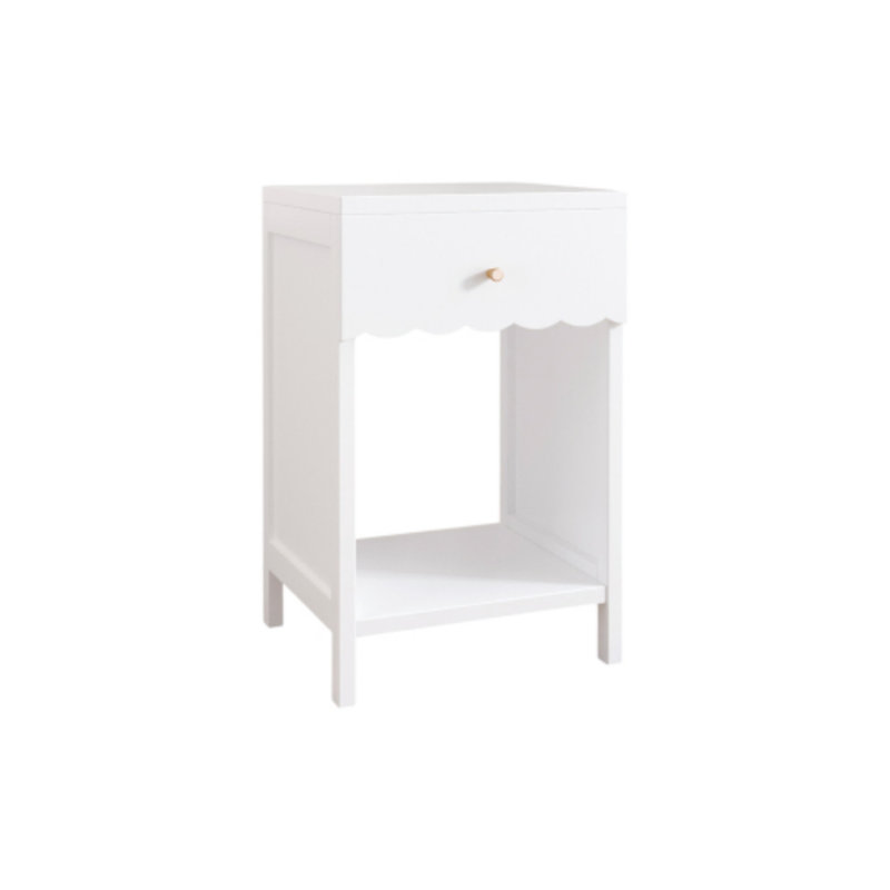 Table de chevet moderne avec tiroir et tablette ouverte, table de chevet à bord festonné pour chambre à coucher, Blanc