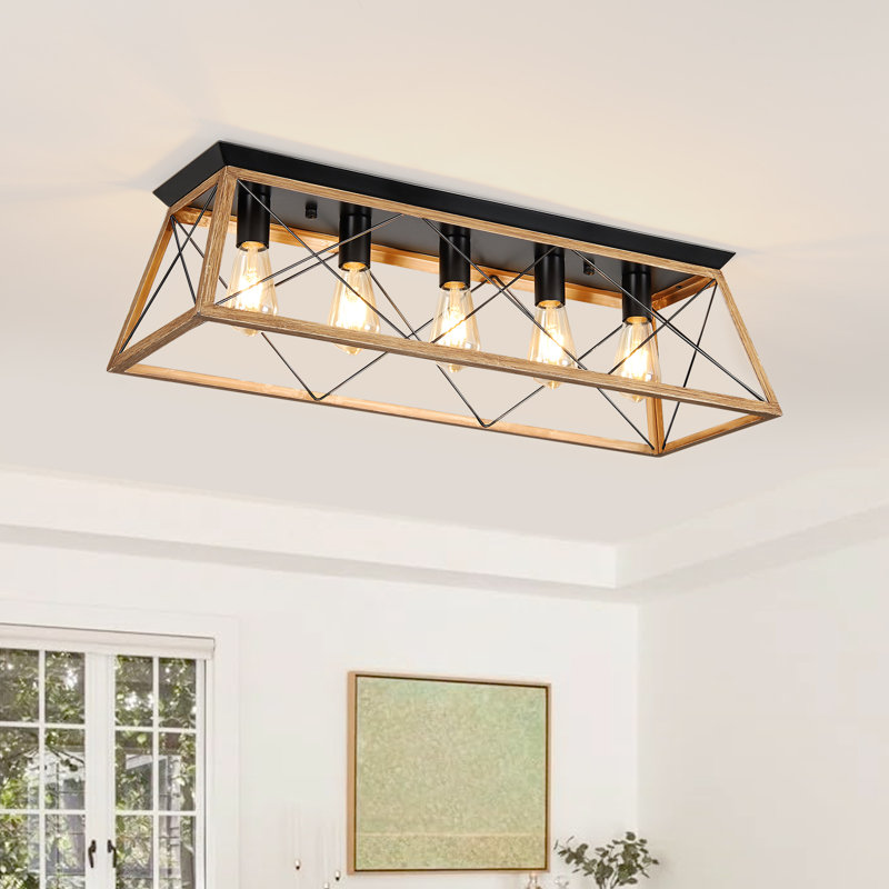 5-Light Metal Flush Mount Rectangular Ceiling Light, Matte Black/Light Walnut, 5 Lights, 8.7" H x 31.5" W x 10.2" D