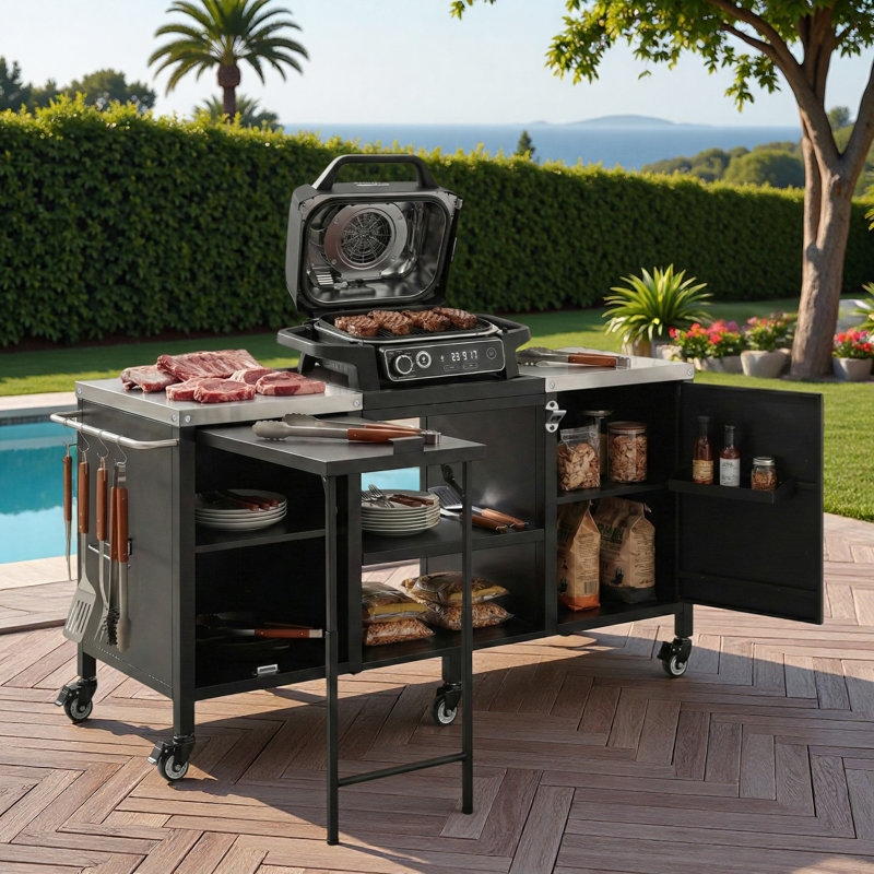 Large Grill Table Outdoor Kitchen Island With Stainless Steel Top, Fold-out Prep Table, Adjustable Shelves And Spice Rack