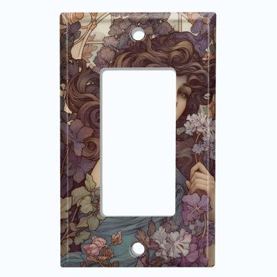 Metal Light Switch Plate Outlet Cover (Beautiful Art Nouveau Flower Girl - Single Rocker)