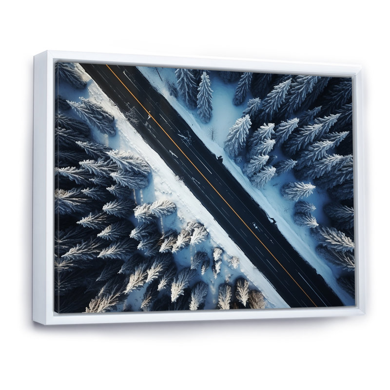 Route sans fin vers la forêt hivernale II - parcours, fresque murale, Cadre d'angle fermé noir, H 30 po x l 40 po x P 1,5 po