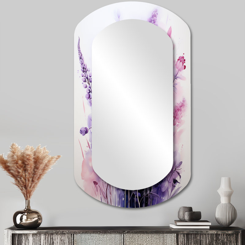Marson Pink Purple Poppies Wildflowers - Poppy Cylinder Decorative Wall Mirror, Traditional Asymmetrical Mirror, Printed Metal Art