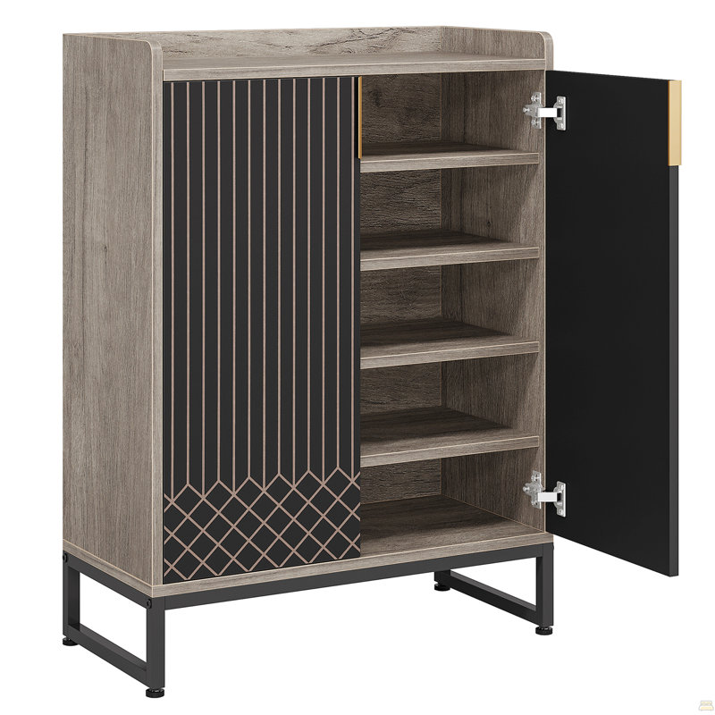 29.52" Shoe Cabinet With Doors, 5 Tiers Shoe Storage Organizer, Gray/Black/Gold