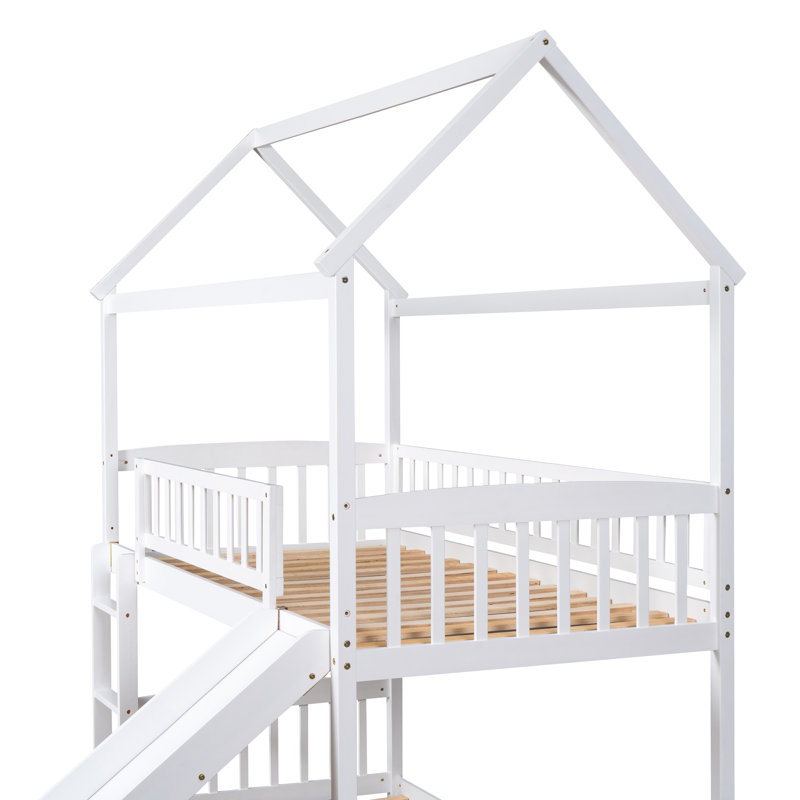Lit superposé simple au-dessus d'un lit simple avec glissade - Bois massif, blanc, peu encombrant, maisonnette